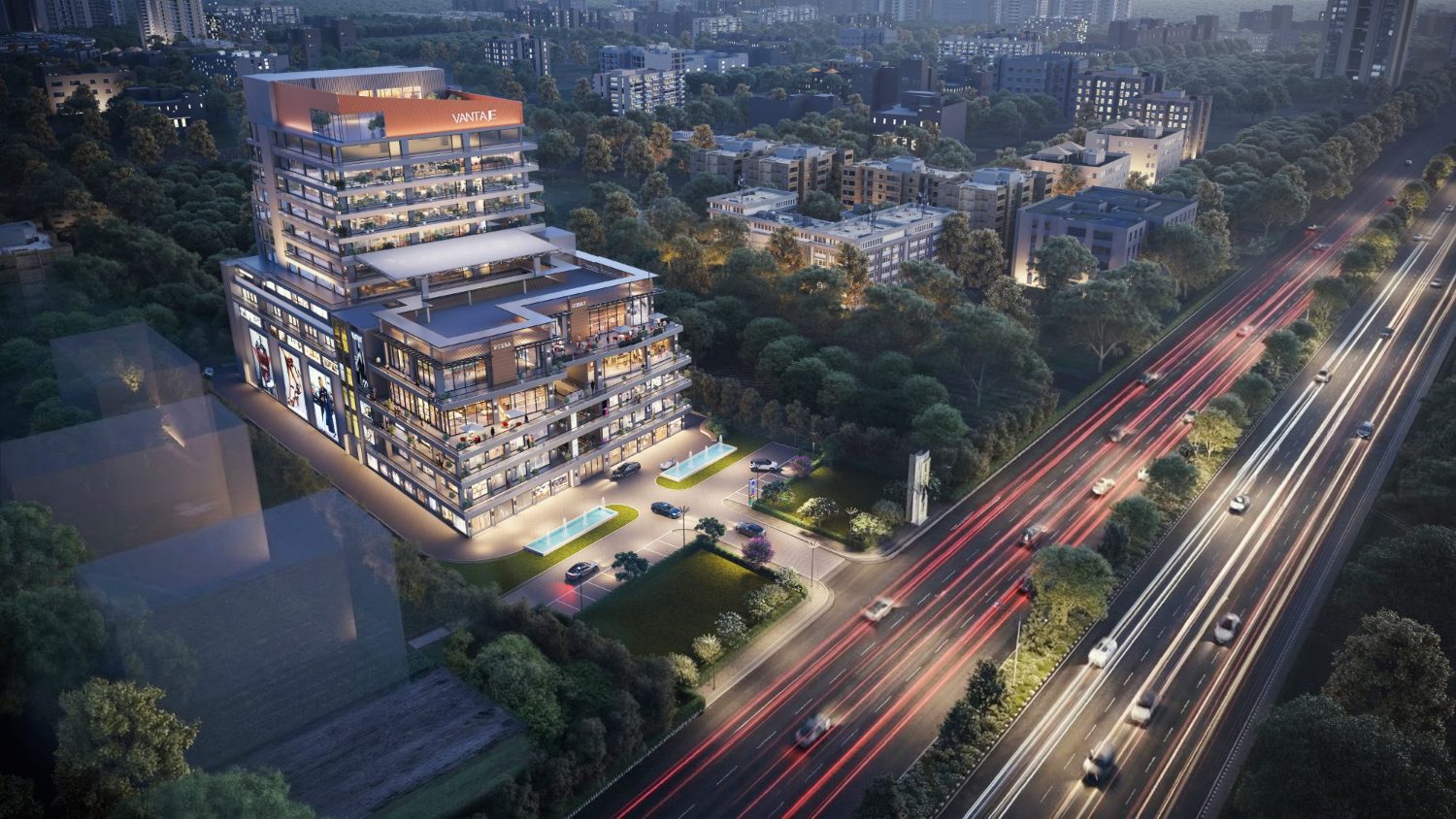 Aerial view of Aura Vantaje at dusk — artist’s impression