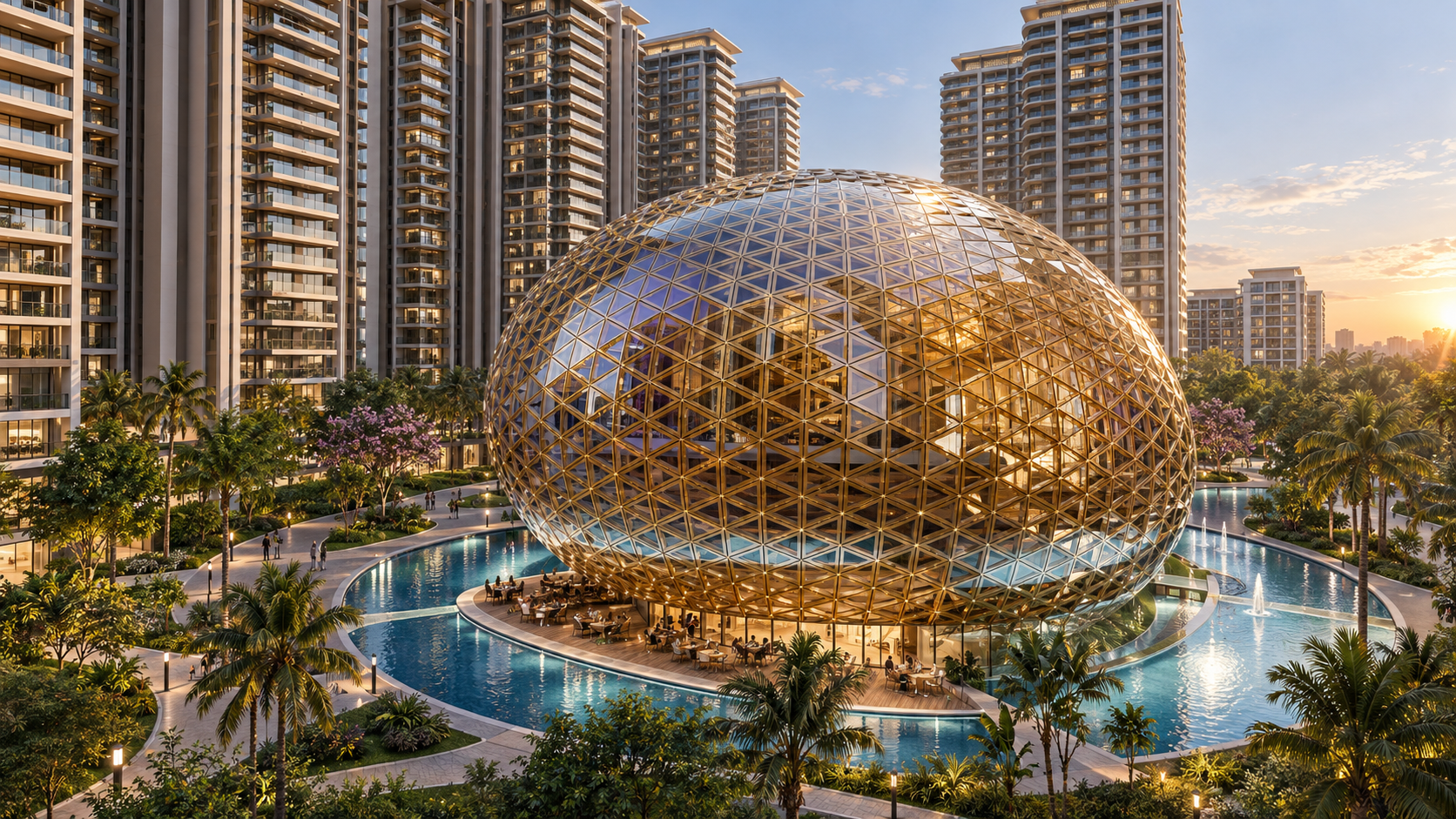 Illustrative view of a golden dome surrounded by landscaped pools and residential towers
