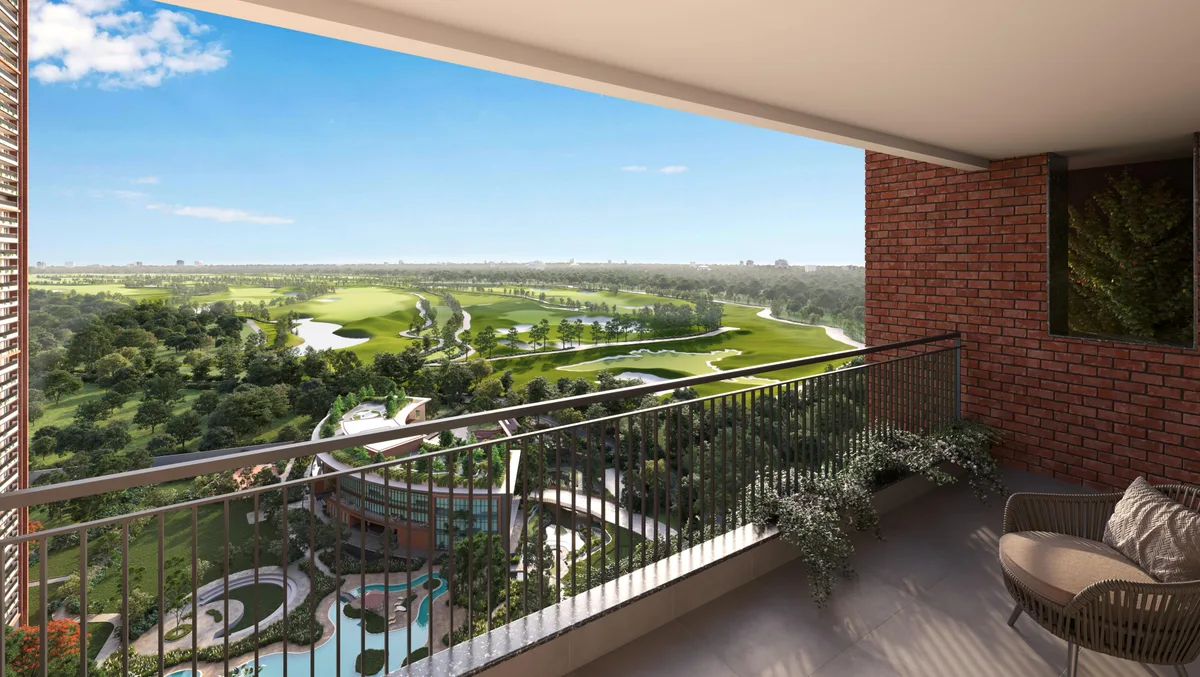 Balcony overlooking landscaped grounds and the golf course — developer artist impression