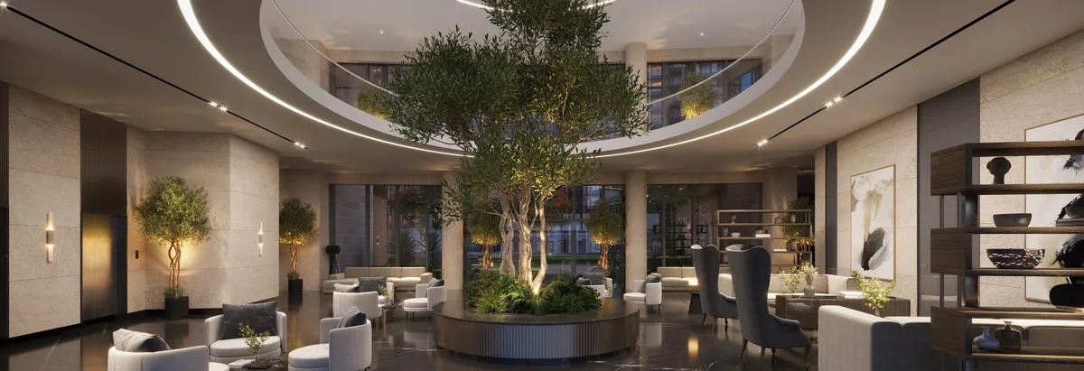 Clubhouse entrance lounge arranged around a central tree — developer artist impression