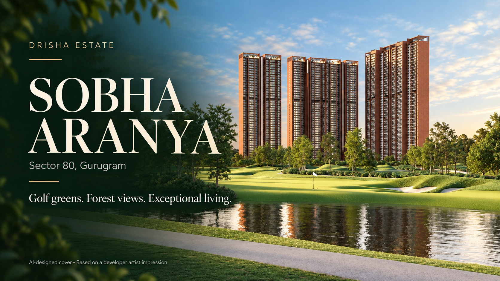 Drisha Estate Sobha Aranya cover showing residential towers and golf greens — AI-designed from a developer artist impression