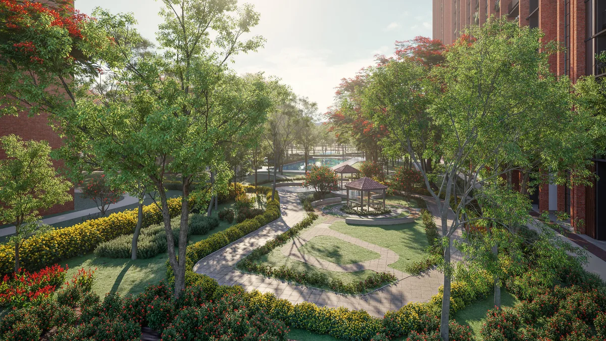 Landscaped healing garden with paths and seating — developer artist impression