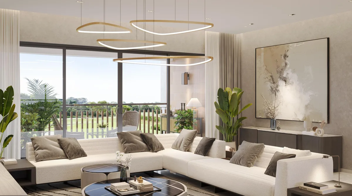 Spacious living room with large windows and a balcony — developer artist impression