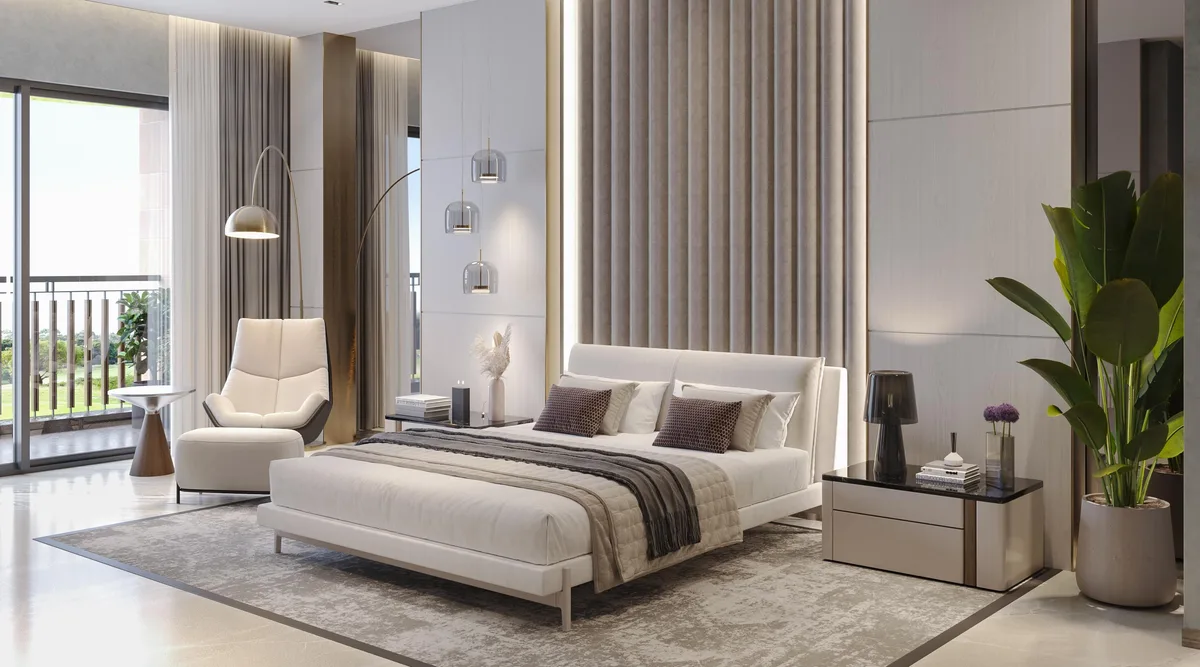 Bedroom interior with a reading chair and balcony — developer artist impression