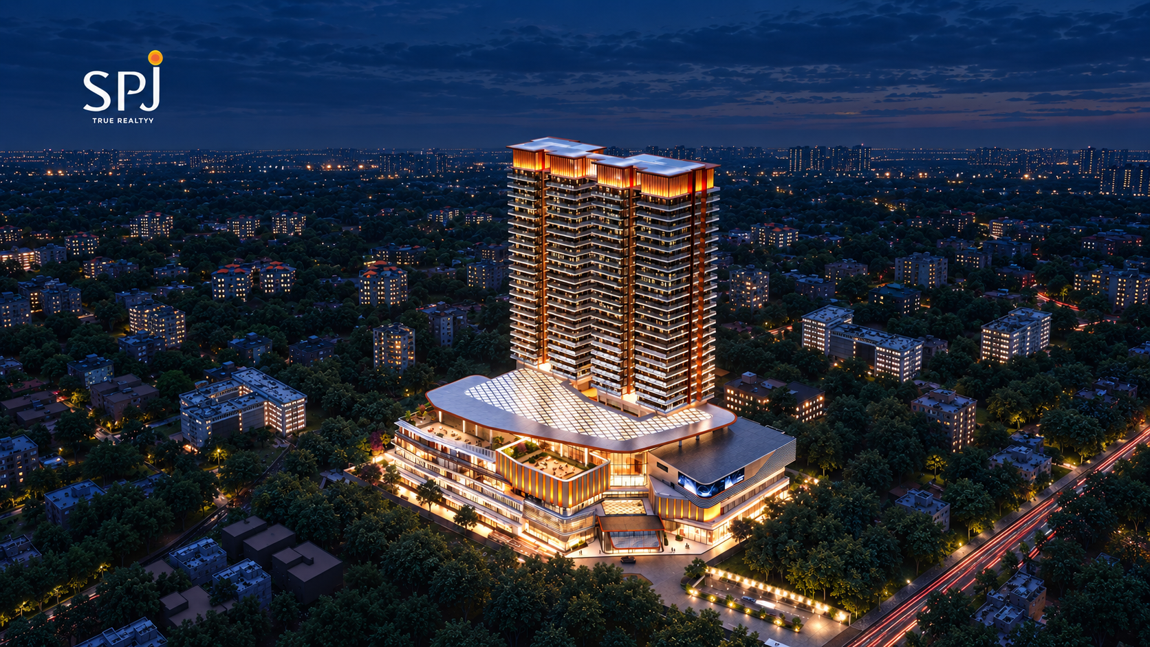 SPJ Vedatam illuminated commercial podium and towers — artist’s impression