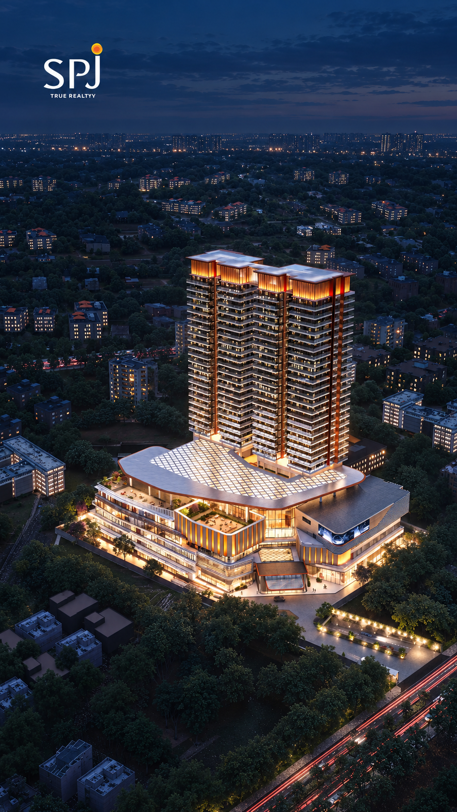 Artist impression of SPJ Vedatam in Sector 14 Gurugram, with illuminated towers above a commercial podium