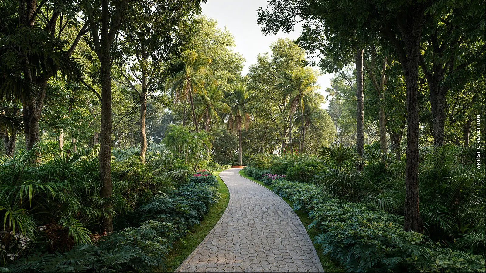 A winding paved path through dense planting at Estate 361 — artistic rendition