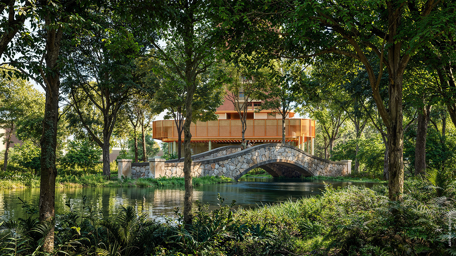 A stone bridge over a landscaped winding lake at Estate 361 — artistic rendition