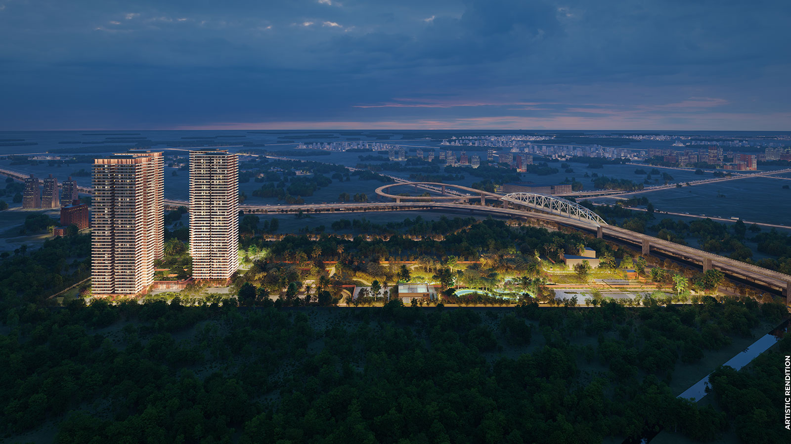 Aerial view of Estate 361 towers, grounds and the expressway at dusk — artistic rendition