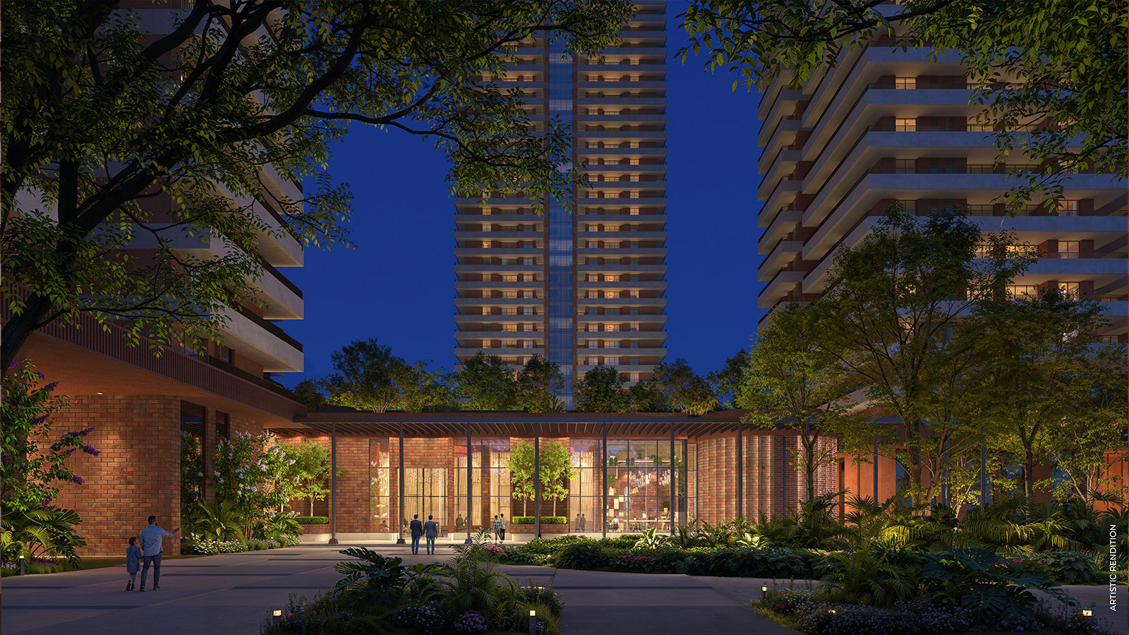 Illuminated entrance to The Hub with brickwork and trees at dusk — artistic rendition