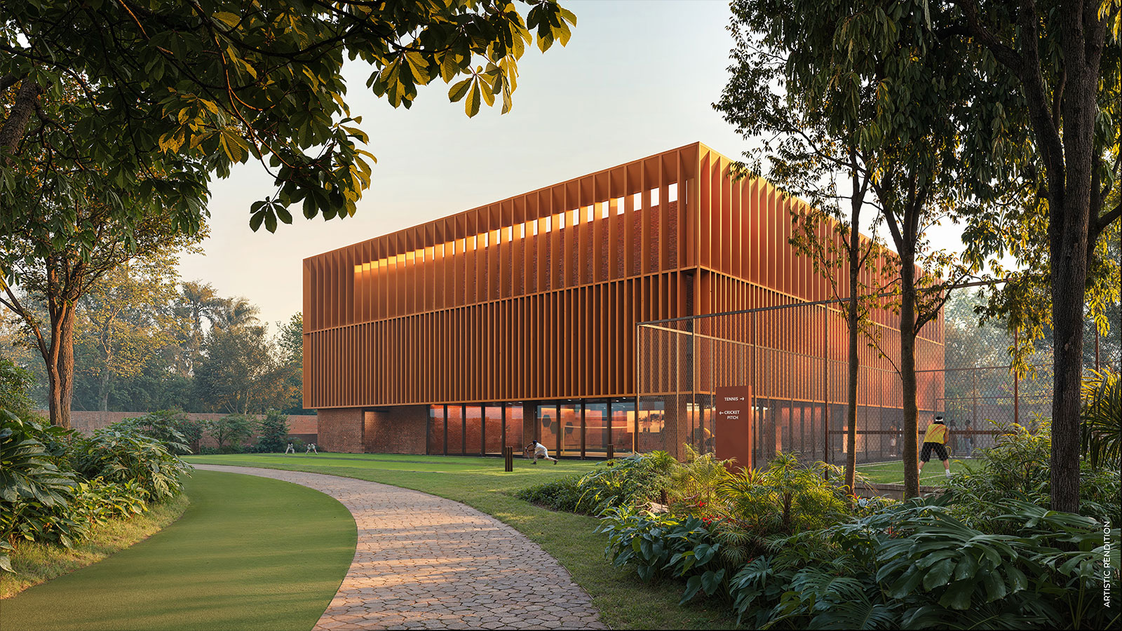 Sports Block exterior beside practice courts and planting at Estate 361 — artistic rendition