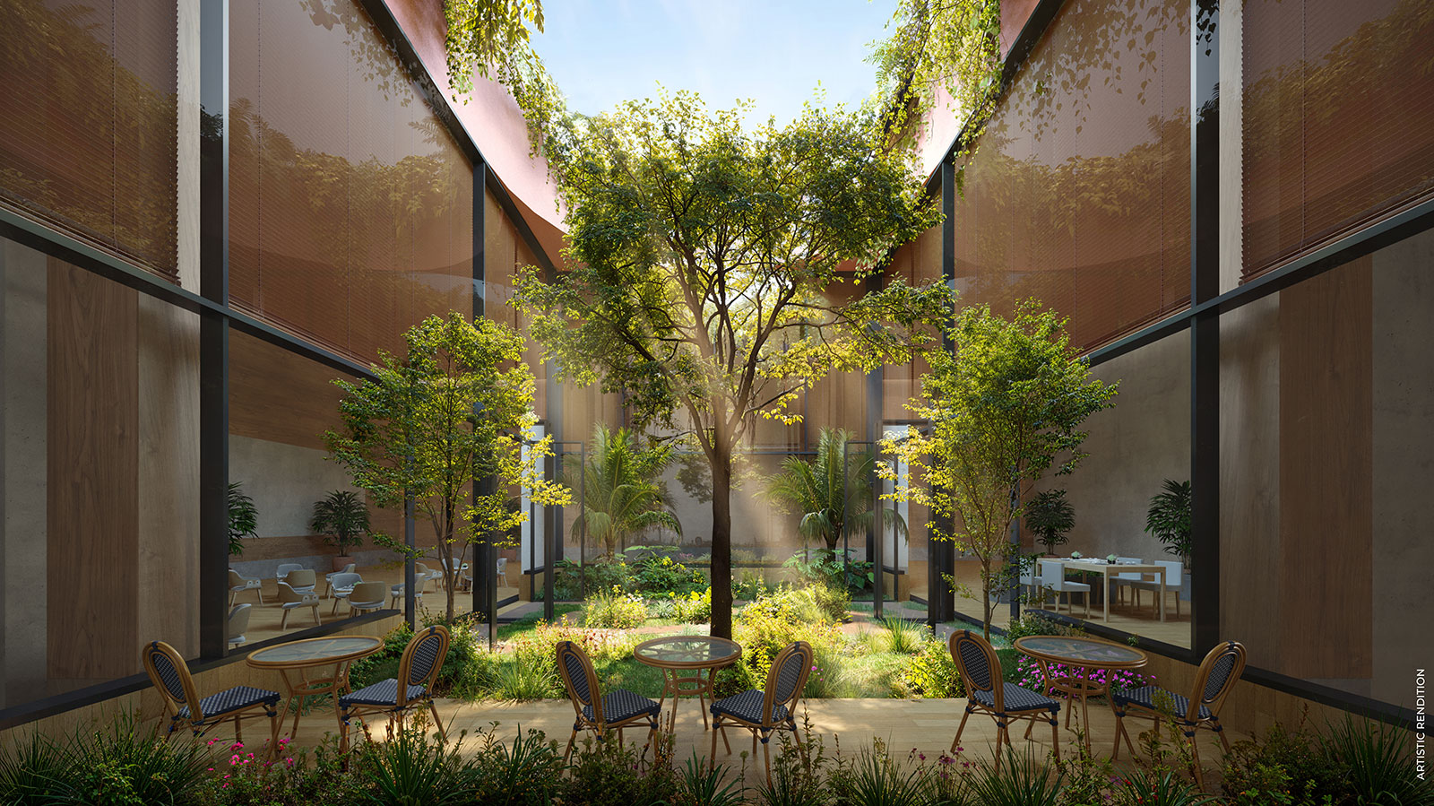 Tree-filled courtyard with seating between glazed wellness spaces — artistic rendition