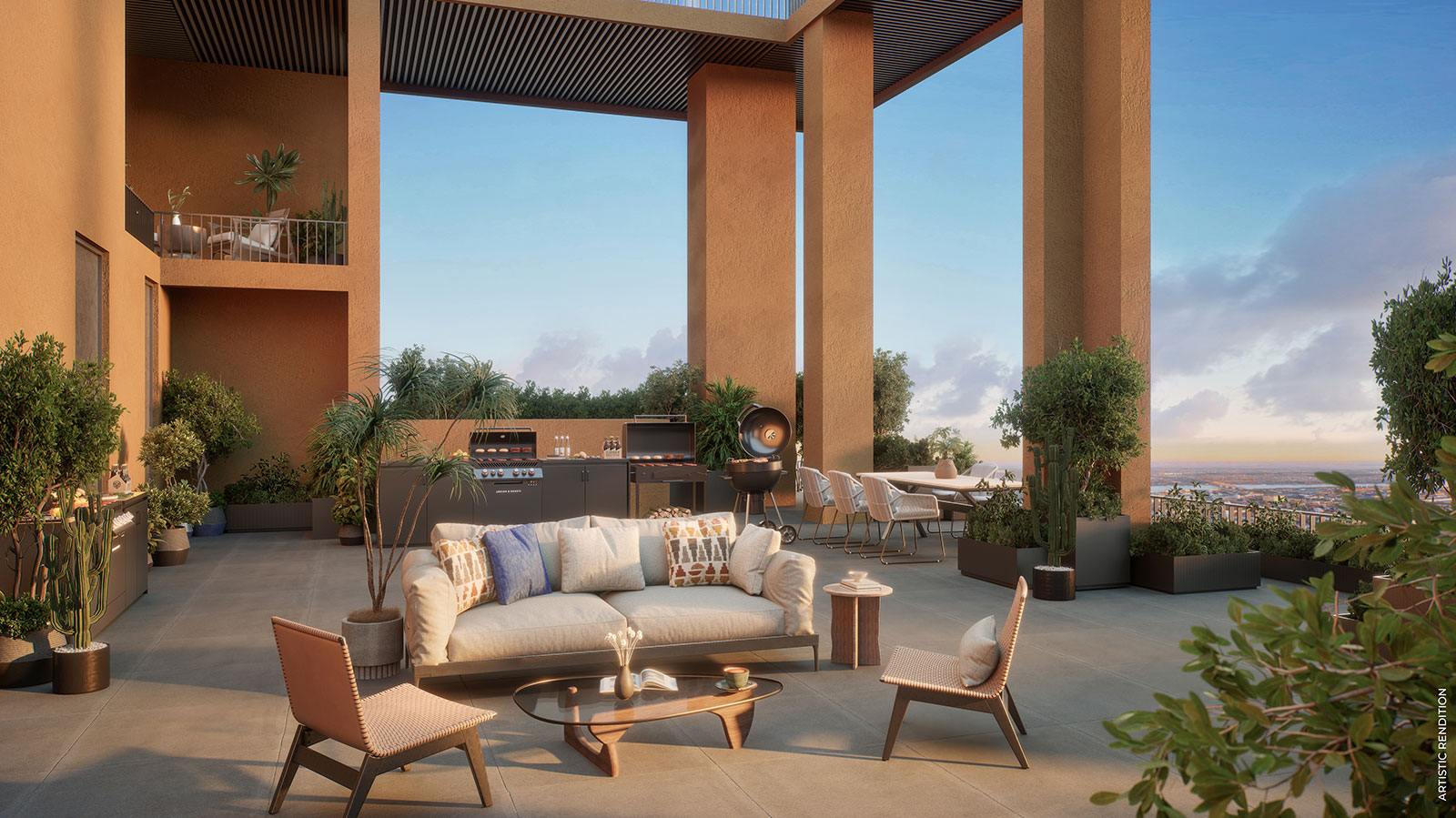 Double-height sky-villa terrace with seating and outdoor dining — artistic rendition, not a Terraces floor plan