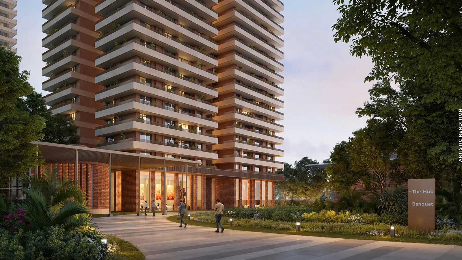 Estate 361 residential entrance and landscaped pedestrian plaza — artistic rendition