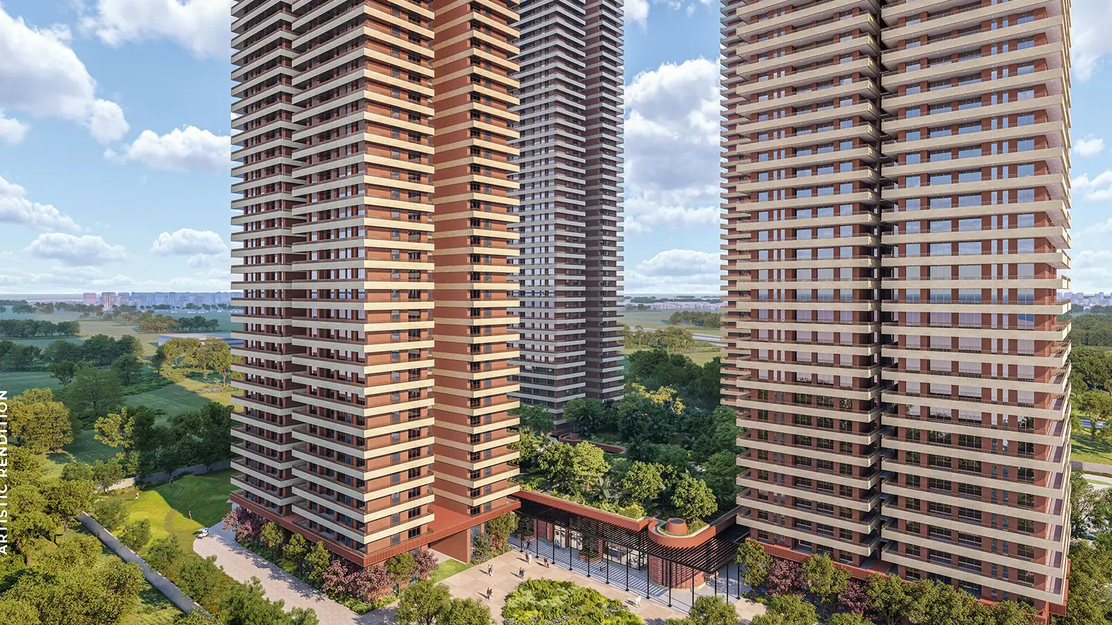 Aerial daylight view of Estate 361 residential towers and The Hub — artistic rendition