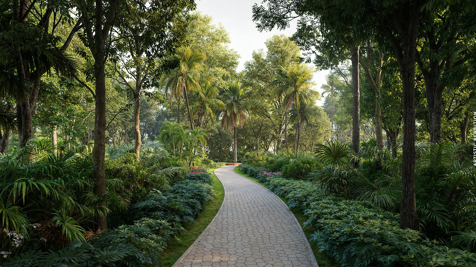 Alternate official view of the forest walking path with dense planting — artistic rendition