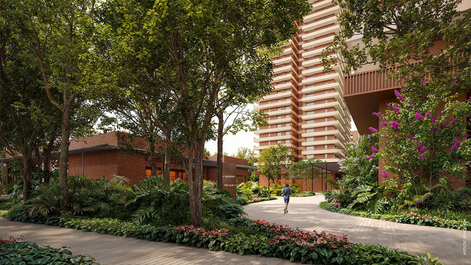 A jogger on a landscaped path beside The Hub and residential towers — artistic rendition