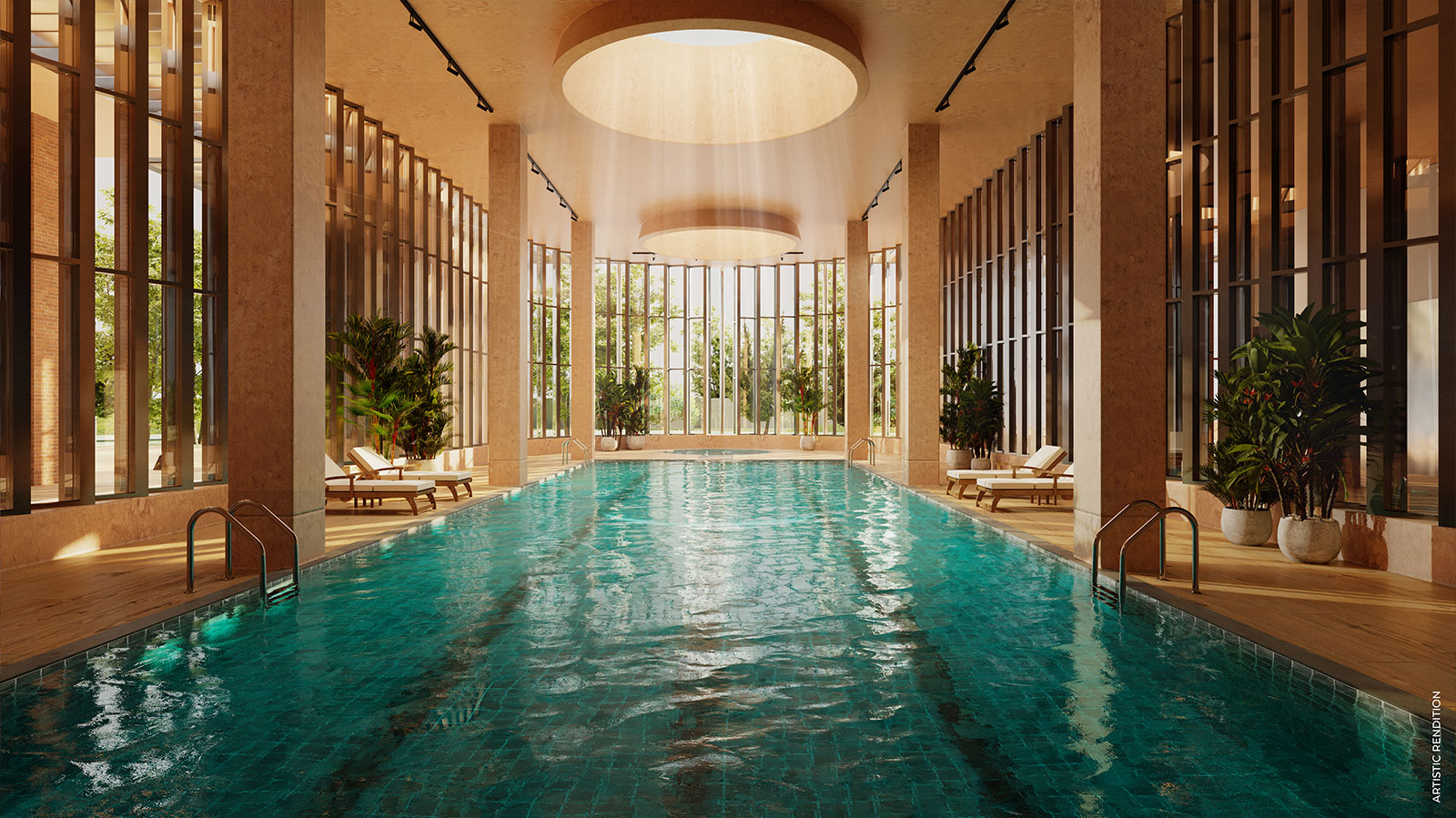 Indoor swimming pool beneath circular skylights with windows onto greenery — artistic rendition