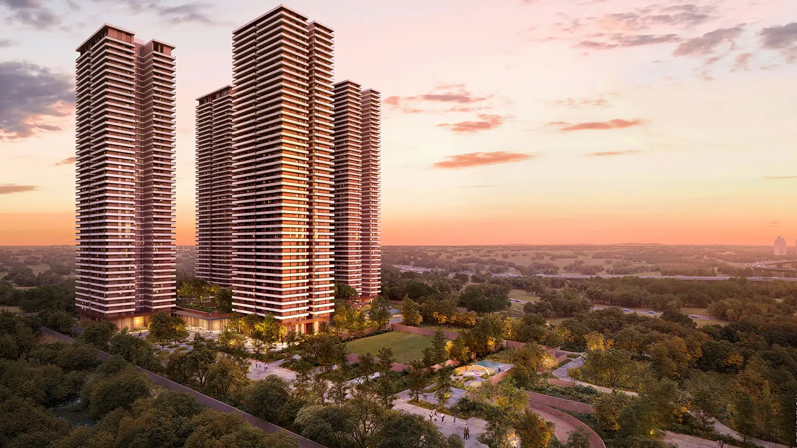 Estate 361 residential towers and green grounds at sunset — artistic rendition