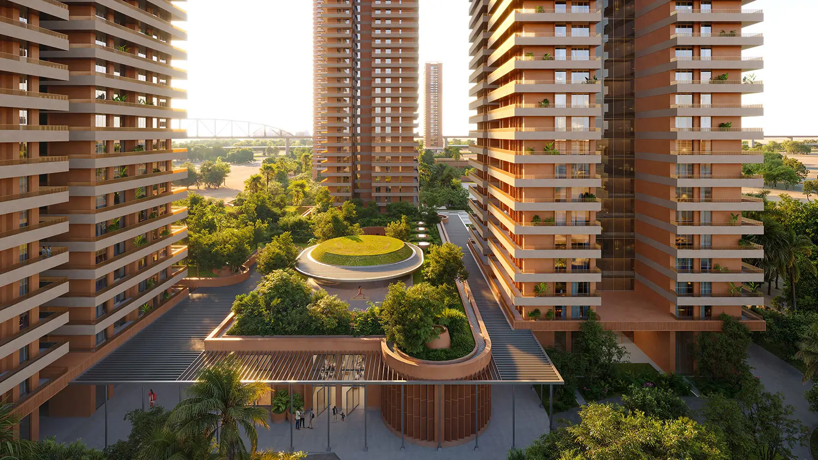 Planted clubhouse roof and pavilion framed by residential towers — artistic rendition