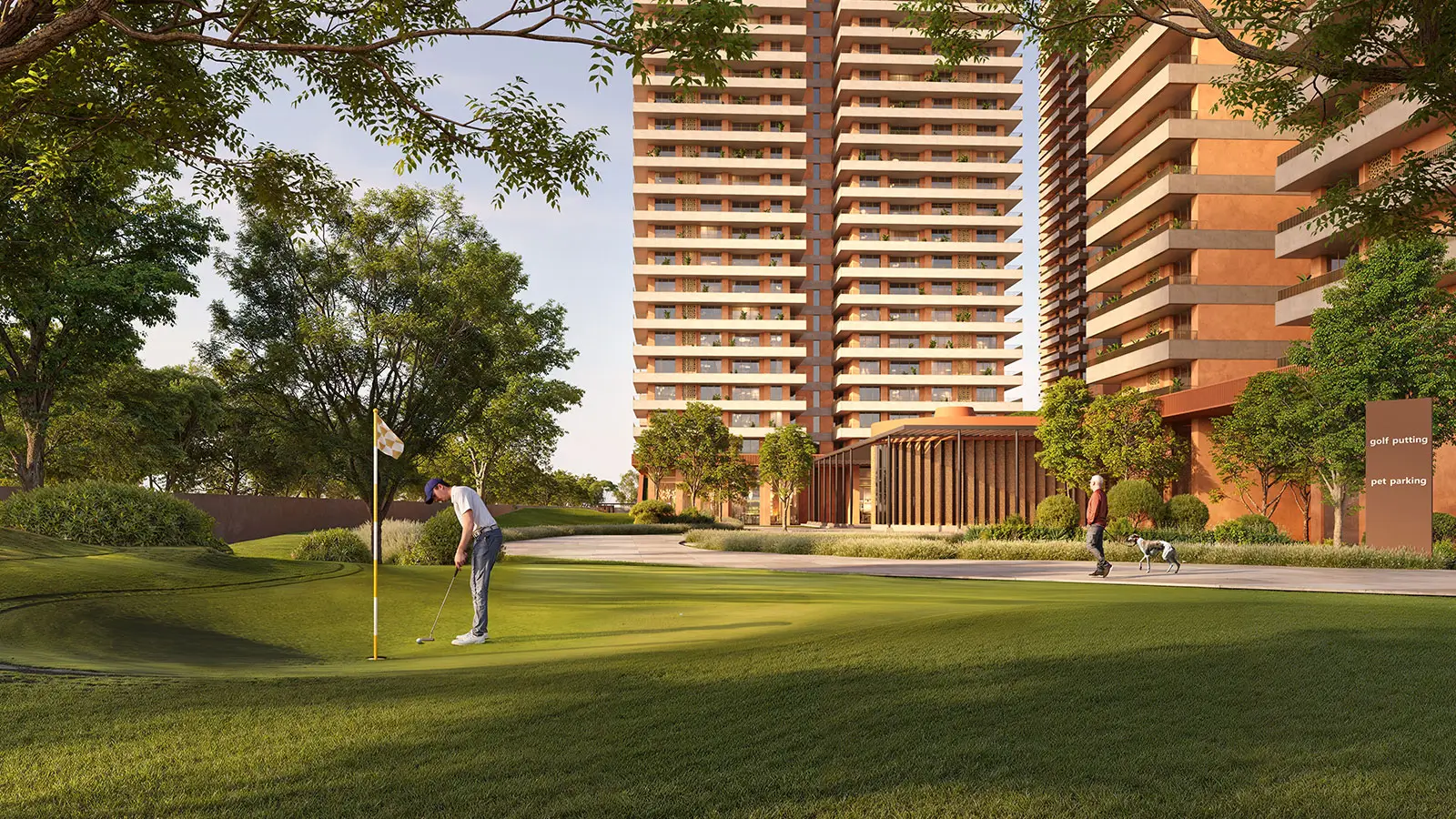 Small putting green and landscaped path beside Estate 361 residences — artistic rendition