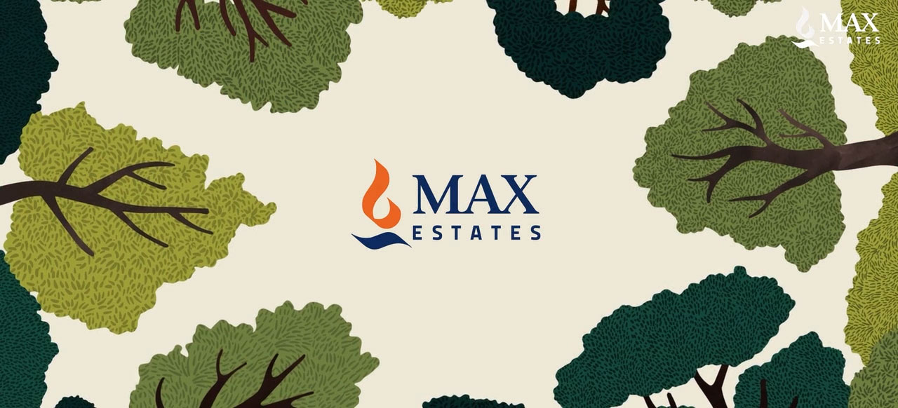 Max Estates logo surrounded by illustrated forest canopies