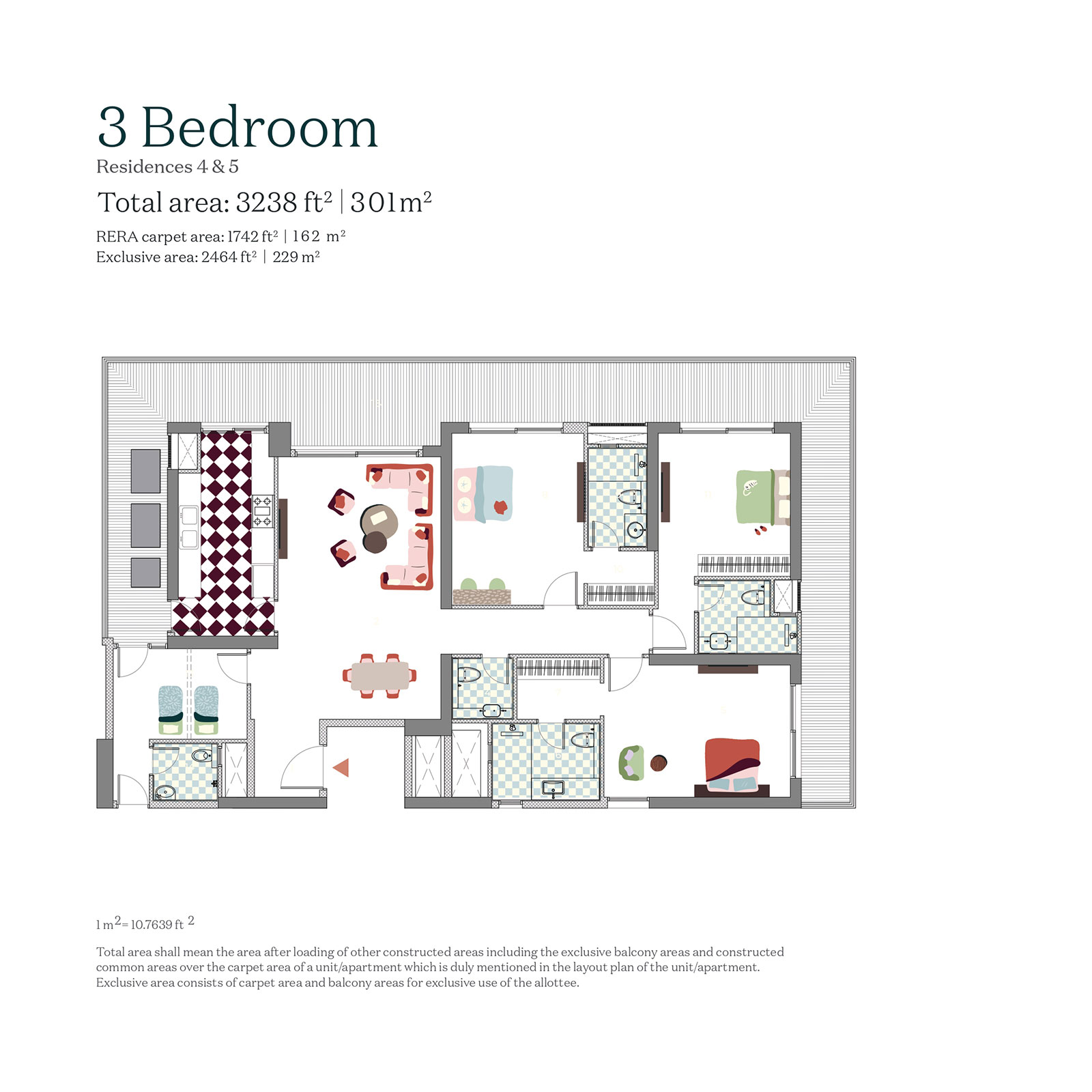 3 Bedroom Estate 361 official plan: 3,238 sq ft total, 1,742 sq ft RERA carpet, 2,464 sq ft exclusive area