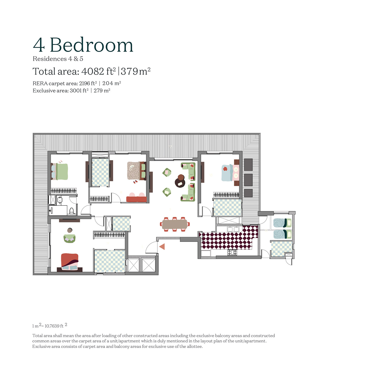 4 Bedroom Estate 361 official plan: 4,082 sq ft total, 2,196 sq ft RERA carpet, 3,001 sq ft exclusive area