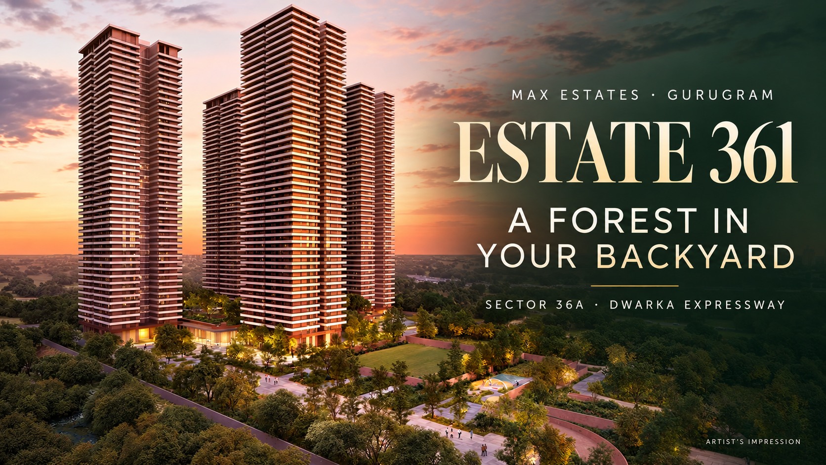 Estate 361 custom hero showing residential towers at sunset and a forest-inspired landscape — artist’s impression